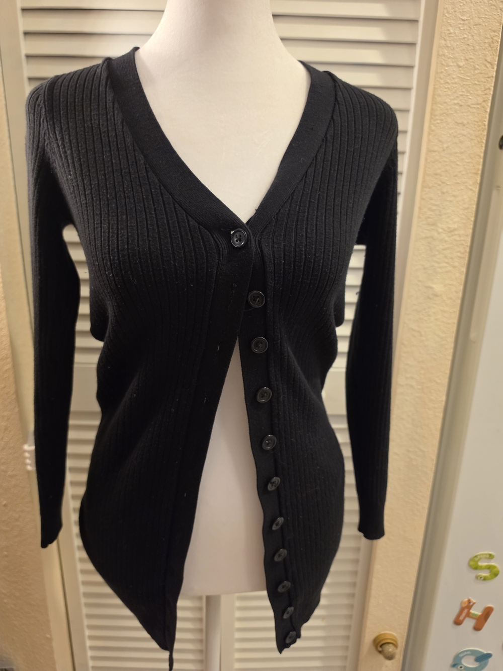 Divided By H&M Black Ribbed V-Neck Button Cardigan Extra Long Small